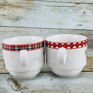 Grace's Teaware Plaid Checked Rim SCOTTY DOG ARGYLE Stackable Coffee Cups Set 2